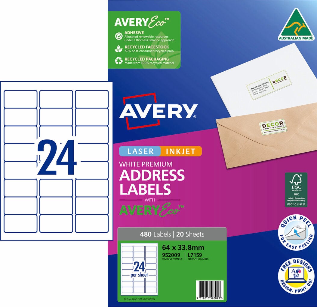 AveryEco Quick Peel Address Labels with Sure Feed L7159 480 Pack 64 x 33.8mm Laser White 24UP