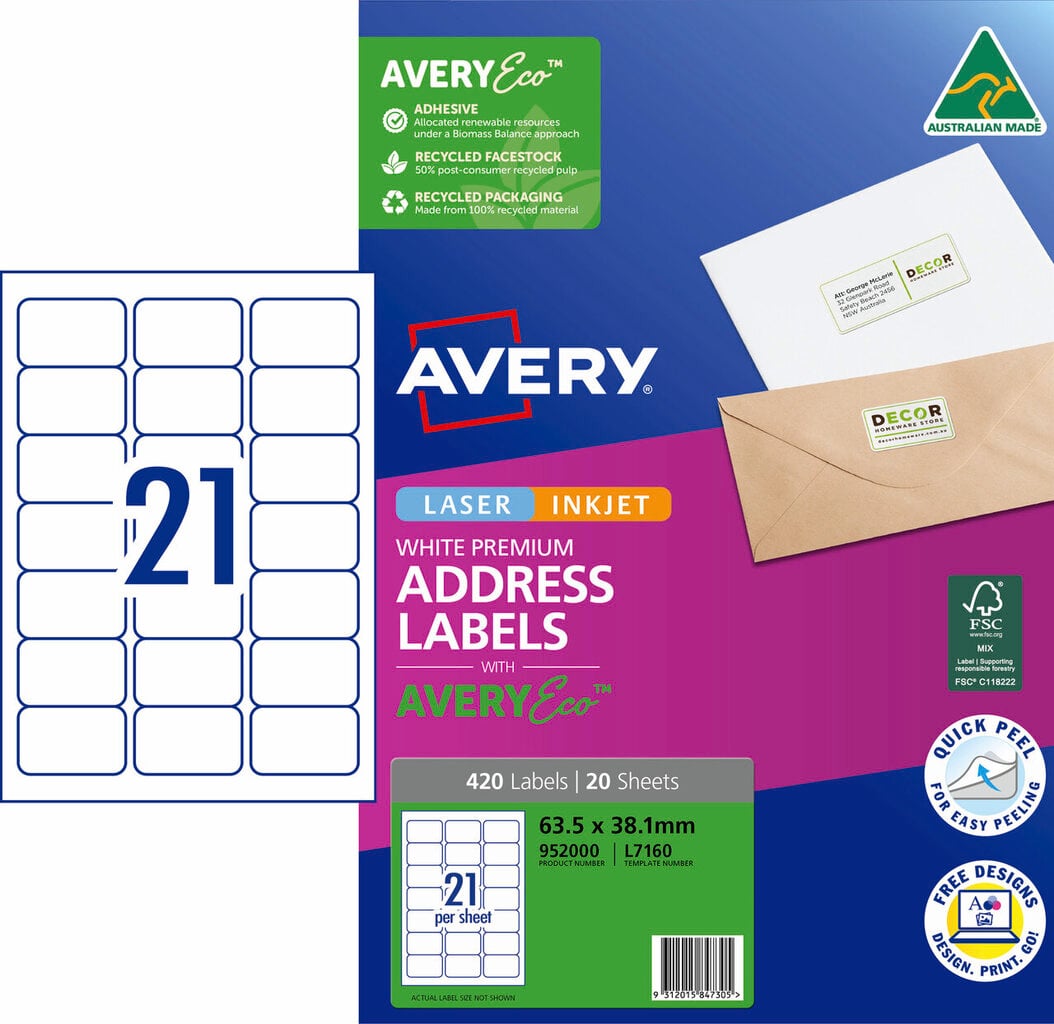 AveryEco Quick Peel Address Labels with Sure Feed L7160 420 Pack 63.5 x 38.1mm Laser White 21UP