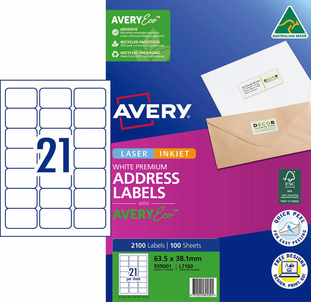 AveryEco Quick Peel Address Labels with Sure Feed L7160 2100 Pack 63.5 x 38.1mm Laser White 21UP