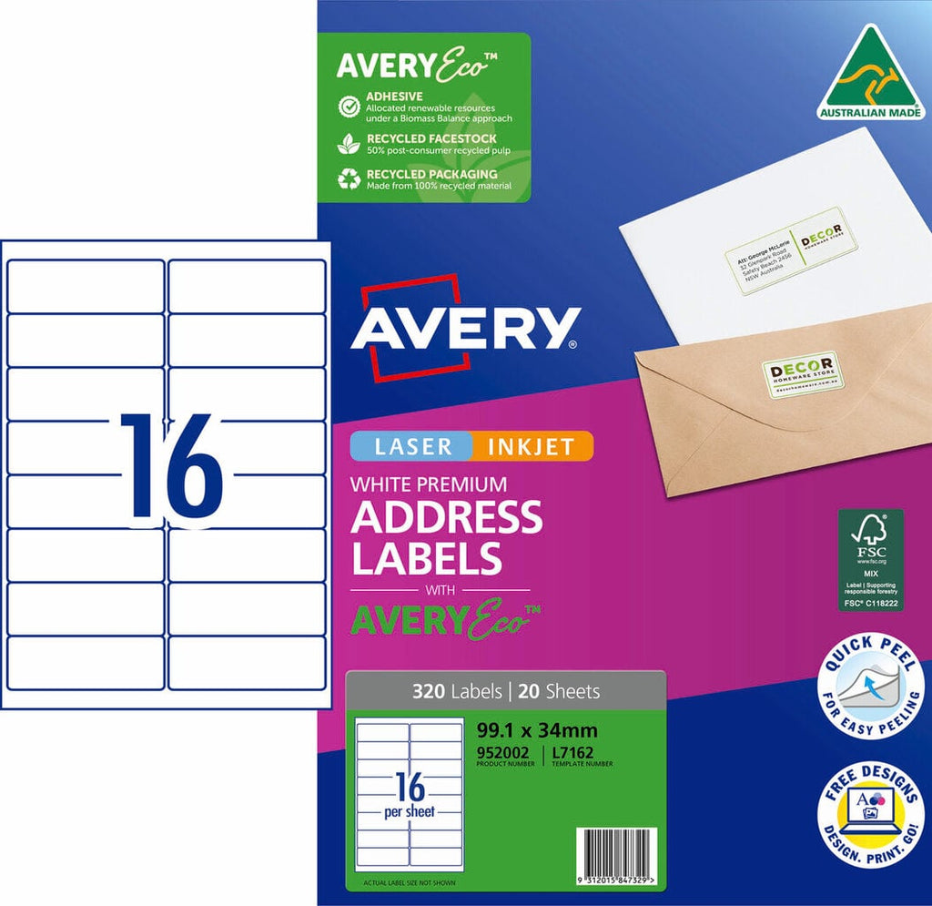 AveryEco Quick Peel Address Labels with Sure Feed L7162 320 Pack 99.1 x 34mm Laser White 16UP