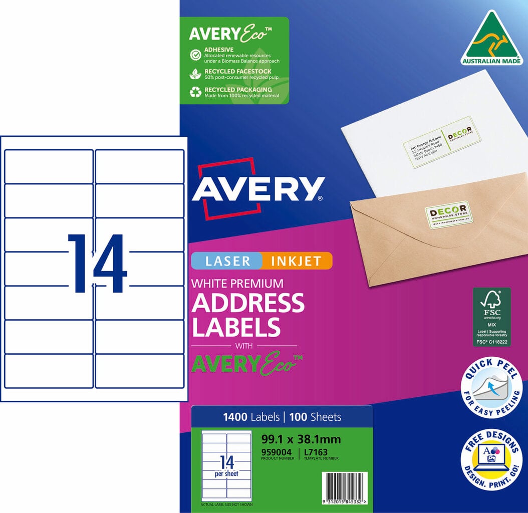 AveryEco Quick Peel Address Labels with Sure Feed L7163 1400 Pack 99.1 x 38.1mm Laser White 14UP