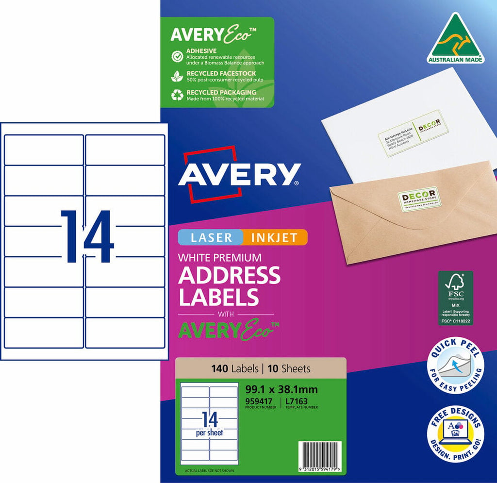 AveryEco Quick Peel Address Labels with Sure Feed L7163 140 Pack 99.1 x 38.1mm Laser Inkjet White 14UP