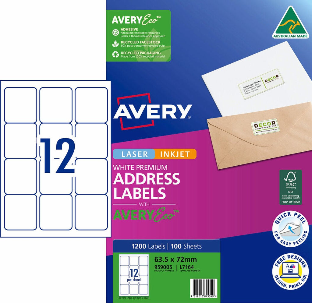 AveryEco Quick Peel Address Labels with Sure Feed L7164 1200 Pack 63.5 x 72mm Laser White 12UP