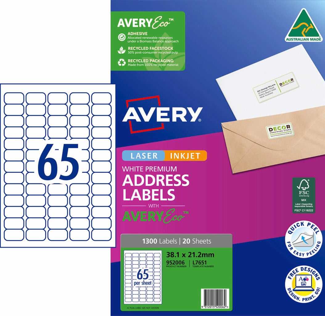 AveryEco Quick Peel Address Labels with Sure Feed L7651 1300 Pack 38.1 x 21.2mm Laser White 65UP