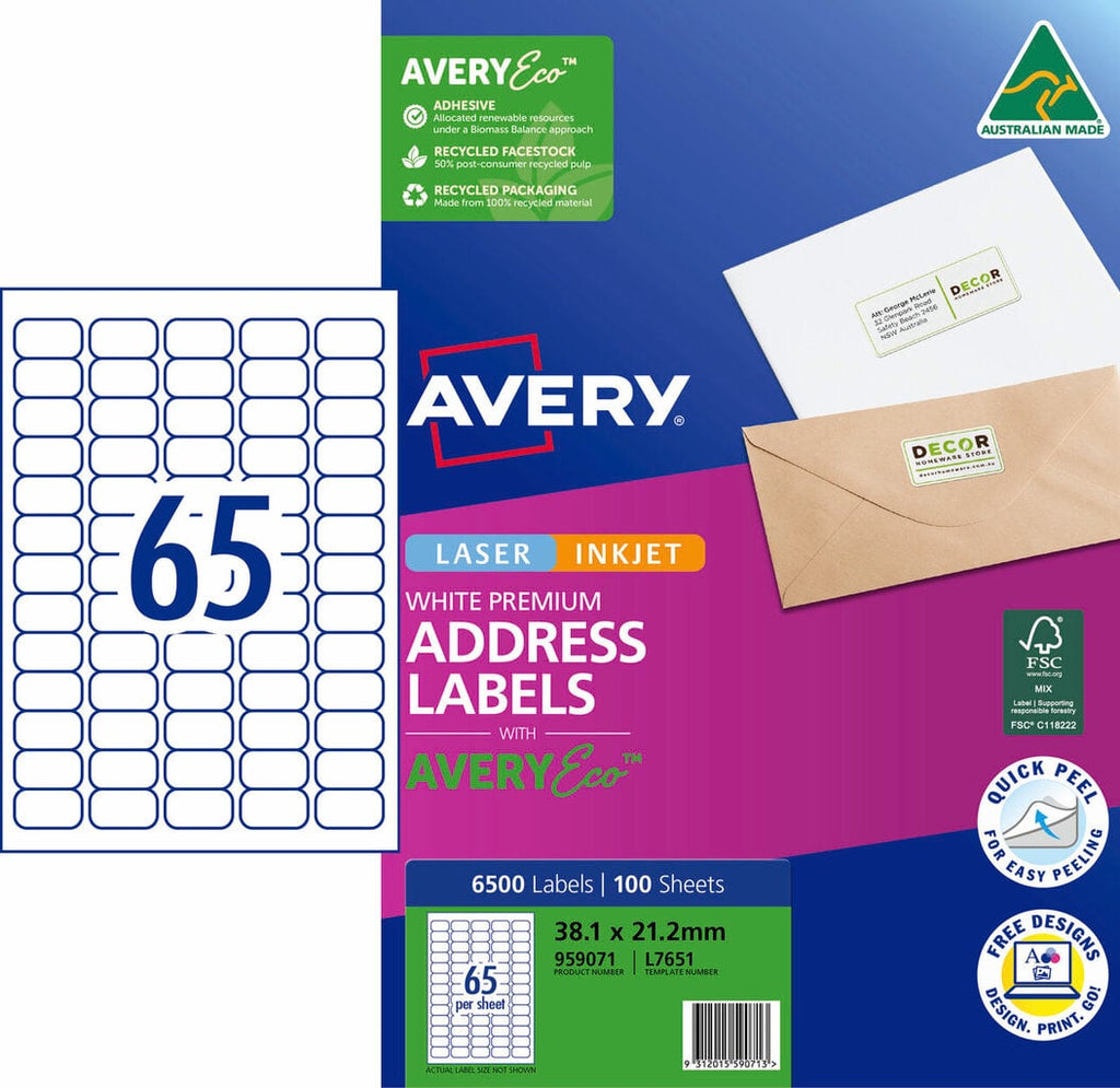AveryEco Quick Peel Address Labels with Sure Feed L7651 6500 Pack 38.1 x 21.2mm Laser White 65UP