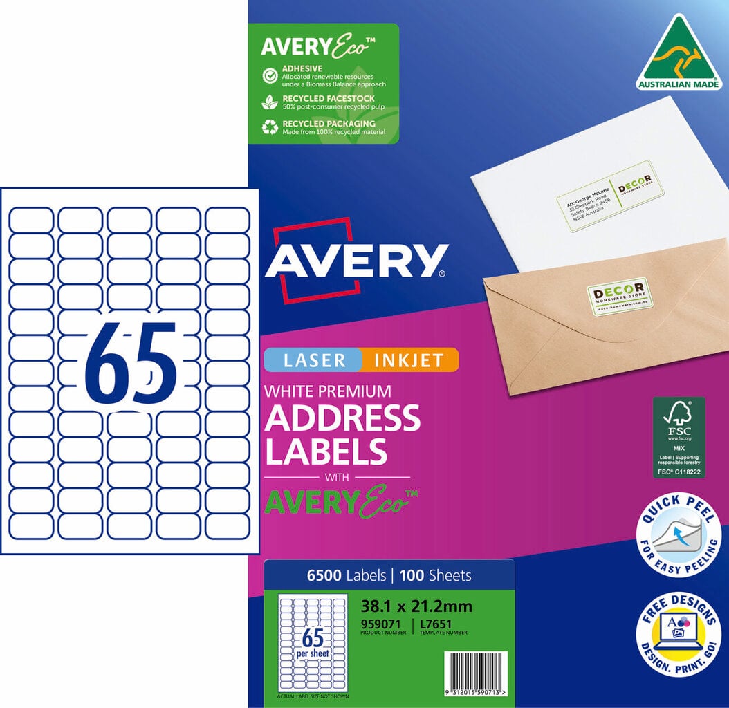 AveryEco Quick Peel Address Labels with Sure Feed L7651 6500 Pack 38.1 x 21.2mm Laser White 65UP