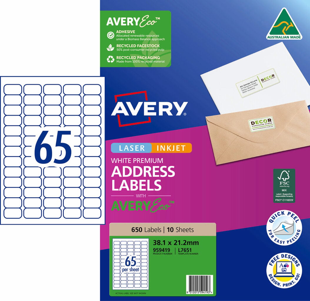 AveryEco Quick Peel Address Labels with Sure Feed L7651 650 Pack 38.1 x 21.2mm Laser Inkjet White 65UP