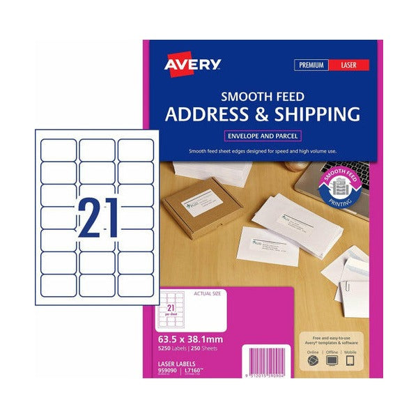 Avery White Address Labels Smooth Feed L7160 63.5 x 38.1mm 21UP 5250 Labels