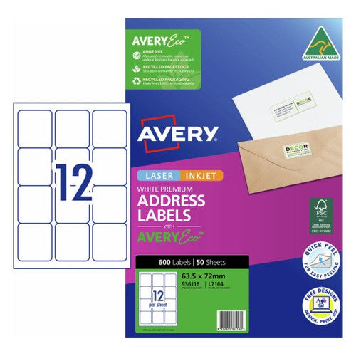 Avery Premium Address Labels with AveryEco L7164 63.5 x 72mm 12UP Pack 600