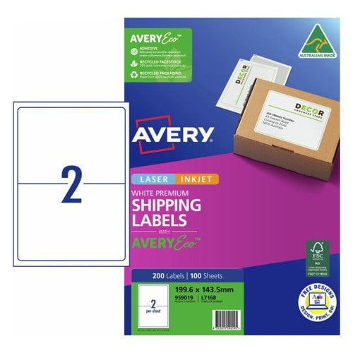Avery Premium Shipping Labels AveryEco L7168 199.6 x 143.5mm 2UP 200 Labels