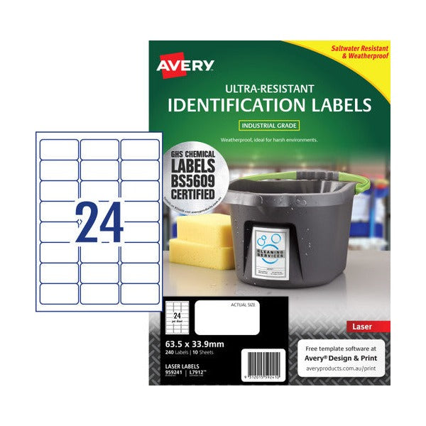 Avery Ultra Heavy Duty Labels L7912 63.5 x 33.9mm 24UP 240 Labels