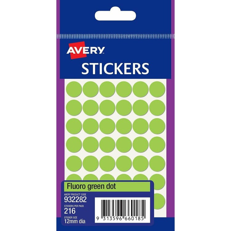 Avery Fluoro Green Dot Stickers 12mm diameter Pack 216