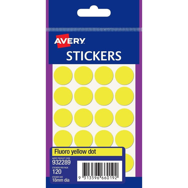 Avery Fluoro Yellow Dot Stickers 18mm diameter