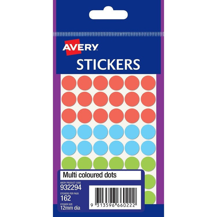 Avery Assorted Dot Stickers 12mm diameter Pack 162