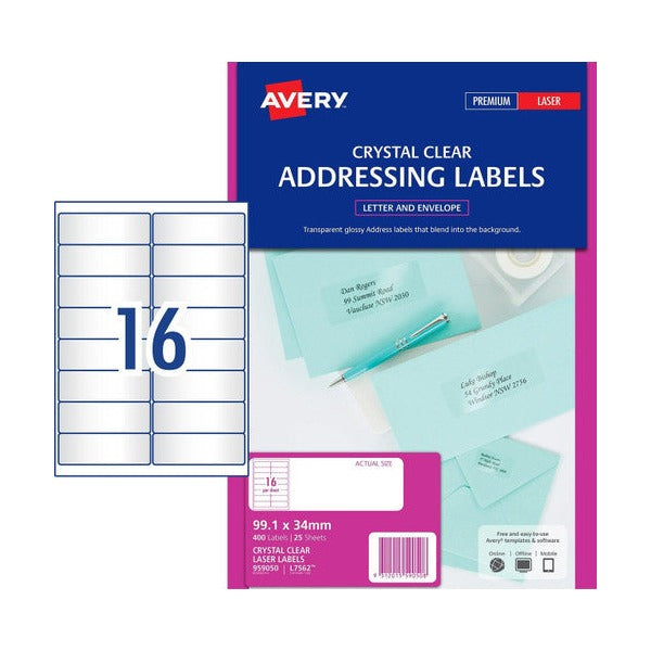 Avery Crystal Clear Address Labels L7562 99.1 x 34mm 16UP 400 Labels