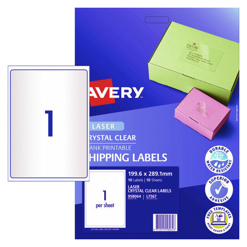 Avery Crystal Clear Shipping Labels L7567 199.6 x 289.1mm 1UP 10 Labels