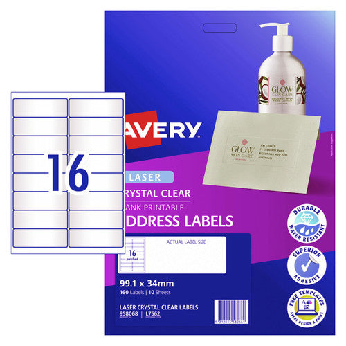 Avery Crystal Clear Address Labels L7562 99.1 x 34mm 16UP 160 Labels