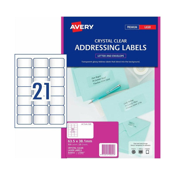 Avery Crystal Clear Address Labels L7560 63.5 x 38.1mm 21UP 525 Labels