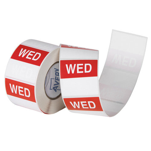 Avery Wednesday Day Labels 40 x 40mm Square Red and White Removable 500 Roll