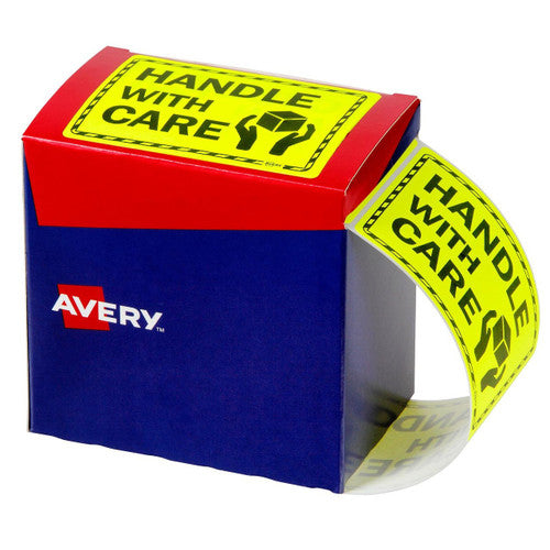 Avery Handle With Care Labels Fluoro Yellow 99.6 x 75mm Roll 750