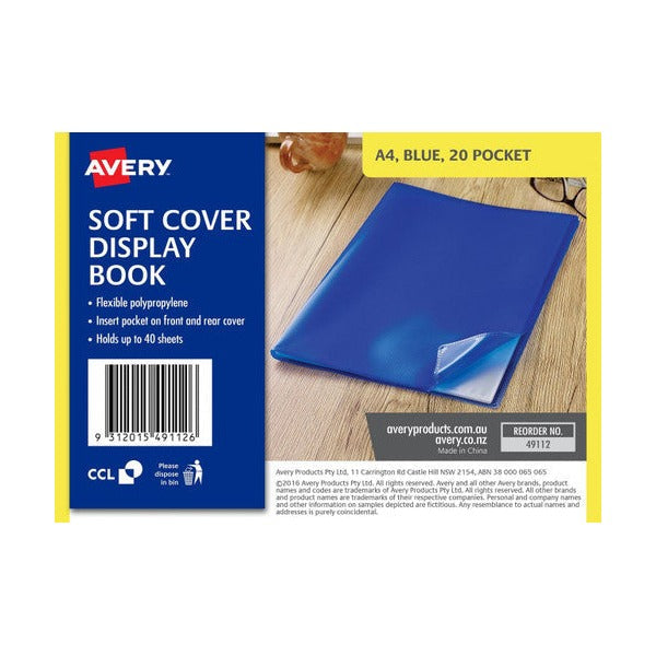Avery Display Book Soft Cover A4 20 Pocket Blue