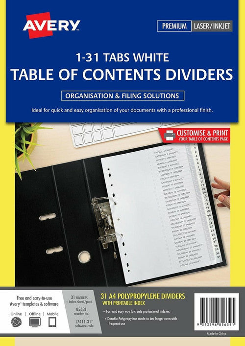 Avery White Polypropylene Index Dividers 1-31 31 Tab L7411-31