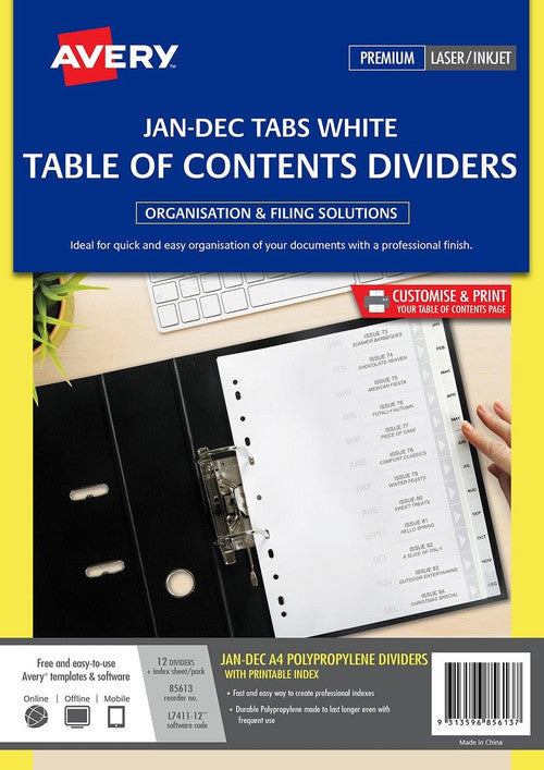Avery White Polypropylene Index Dividers Jan-Dec 12 Tab L7411-12