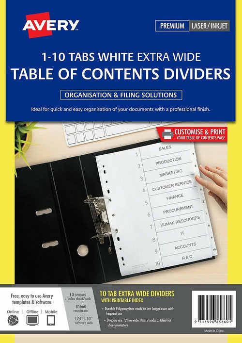 Avery Extra Wide White Polypropylene Index Dividers 1-10 10 Tab L7411-10