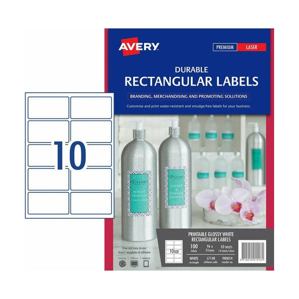 Avery Printable Durable Rectangular Labels L7148 100 Pack 96 x 51mm 10UP