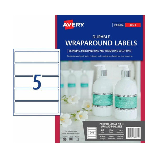 Avery Printable Durable Wraparound Labels L7146 60 Pack 196 x 51mm 5UP
