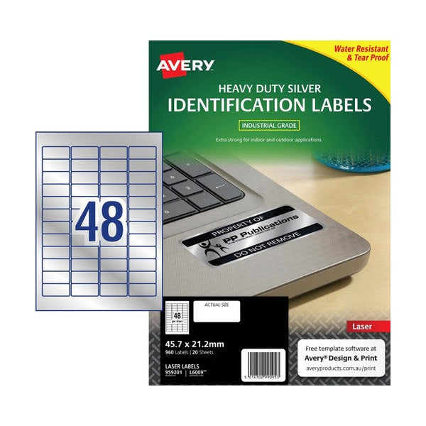 Avery Silver Heavy Duty Labels L6009 45.7 x 21.2mm 48UP 960 Labels