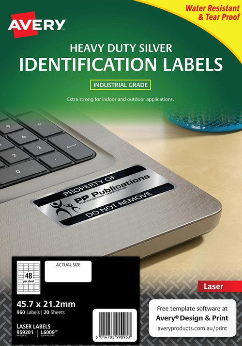 Avery Silver Heavy Duty Labels L6009 45.7 x 21.2mm 48UP 960 Labels