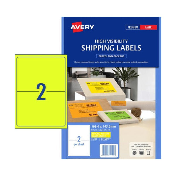 Avery Fluoro Yellow Labels L7168FY 199.6 x 143.5mm 2UP 50 Labels