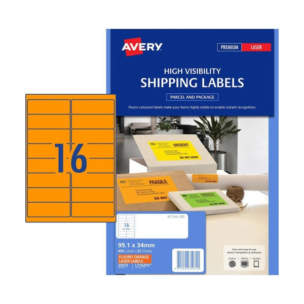 Avery Fluoro Orange High Visibility Shipping Labels L7162FO 99.1 x 34mm 16UP 400 Pack
