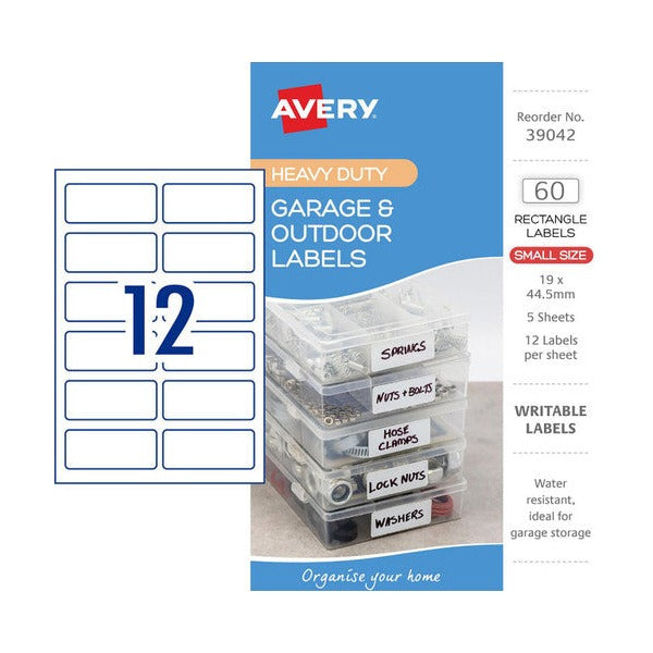Avery Garage and Outdoor Labels Rectangle 19x44.5mm White 5 Pack 12UP