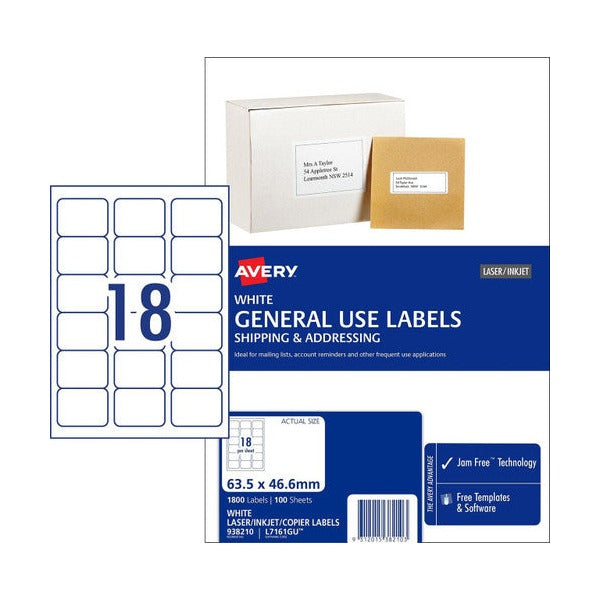 Avery White General Use Labels L7161GU 63.5 x 46.6mm 18UP 1800 Labels