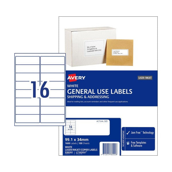 Avery White General Use Labels L7162GU 99.1 x 34mm 16UP 1600 Labels