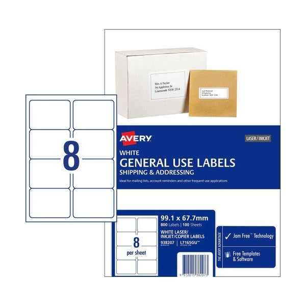 Avery White General Use Labels L7165GU 99.1 x 67.7mm 8UP 800 Labels