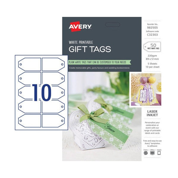 Avery Gift Tags C32303 50 Pack 89 x 51mm 10UP
