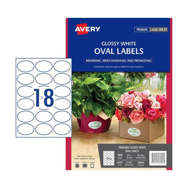 Avery Glossy Oval Labels L7102 63.5 x 42.3mm Pack 180