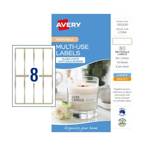 Avery Multi Use Labels With Gold Border 10 Pack 94x32mm Laser Inkjet 8UP