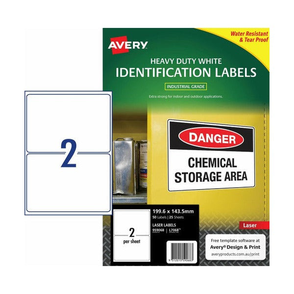 Avery White Heavy Duty Labels L7068 199.6 x 143.5mm 2UP 50 Labels