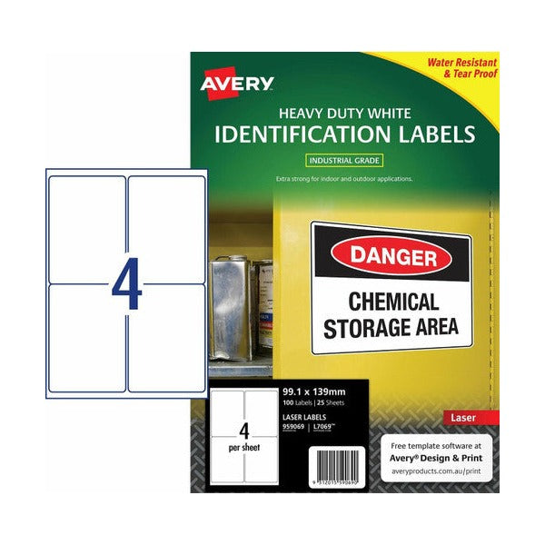 Avery White Heavy Duty Labels L7069 99.1 x 139mm 4UP 100 Labels