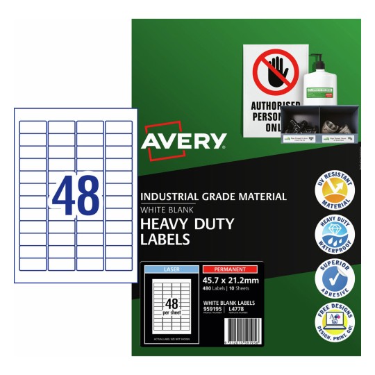 Avery White Heavy Duty Permanent Laser Label 48up 45.7x21.2mm