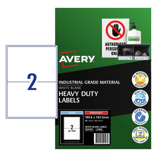 Avery White Heavy Duty Permanent Laser Label 2up 199.6x143.5mm