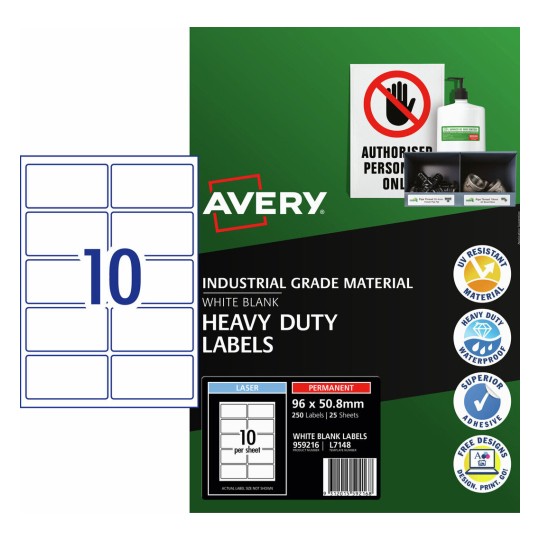 Avery White Heavy Duty Permanent Laser Label 10up 96x50.8mm