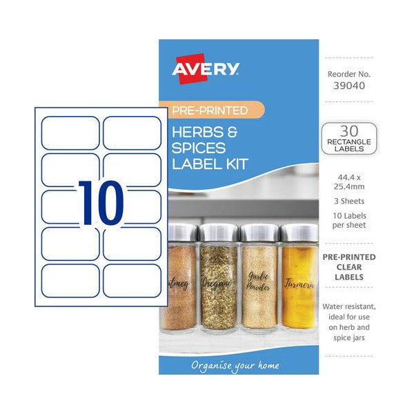 Avery Herb and Spices Label Kit 44.4 x 25.4mm Rectangle Removable 30 Pack