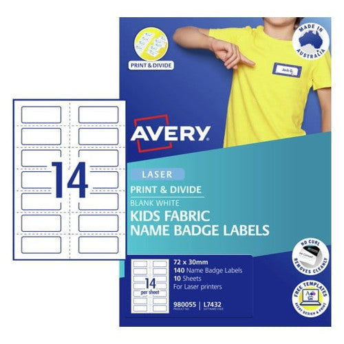 Avery Kids Fabric Print and Divide Name Badge Labels L7432 72 x 30mm 140 Pack