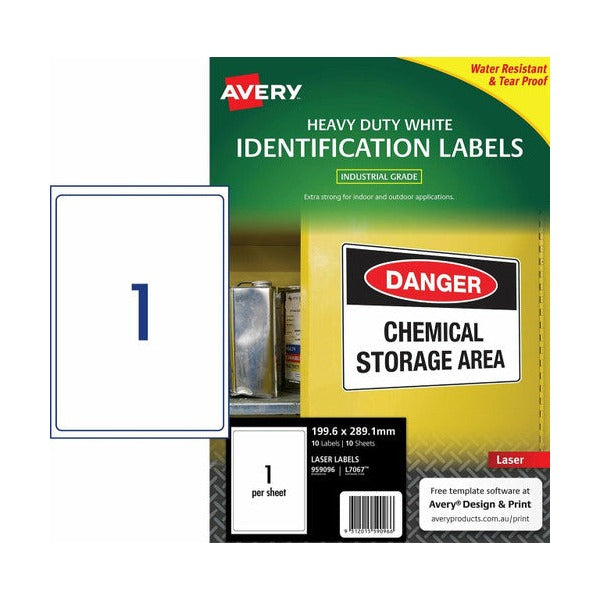 Avery White Heavy Duty Labels L7067 199.6 x 289.1mm 1UP 10 Labels