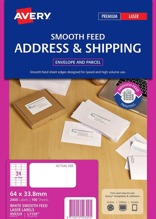 Avery White Address Labels Smooth Feed L7159 64 x 33.8mm 24UP 2400 Labels